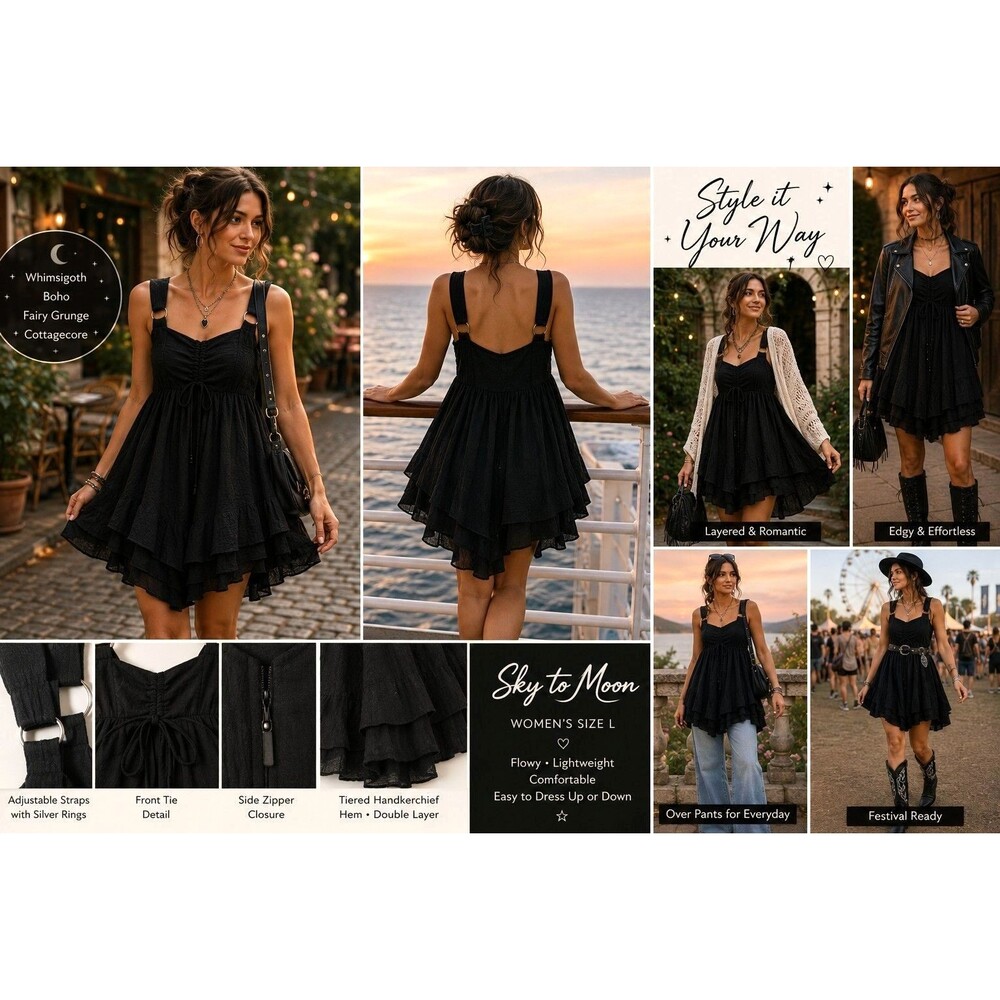 Sky to Moon Women L Black Babydoll Mini Dress Boho Fairy Grunge Festival Gauze